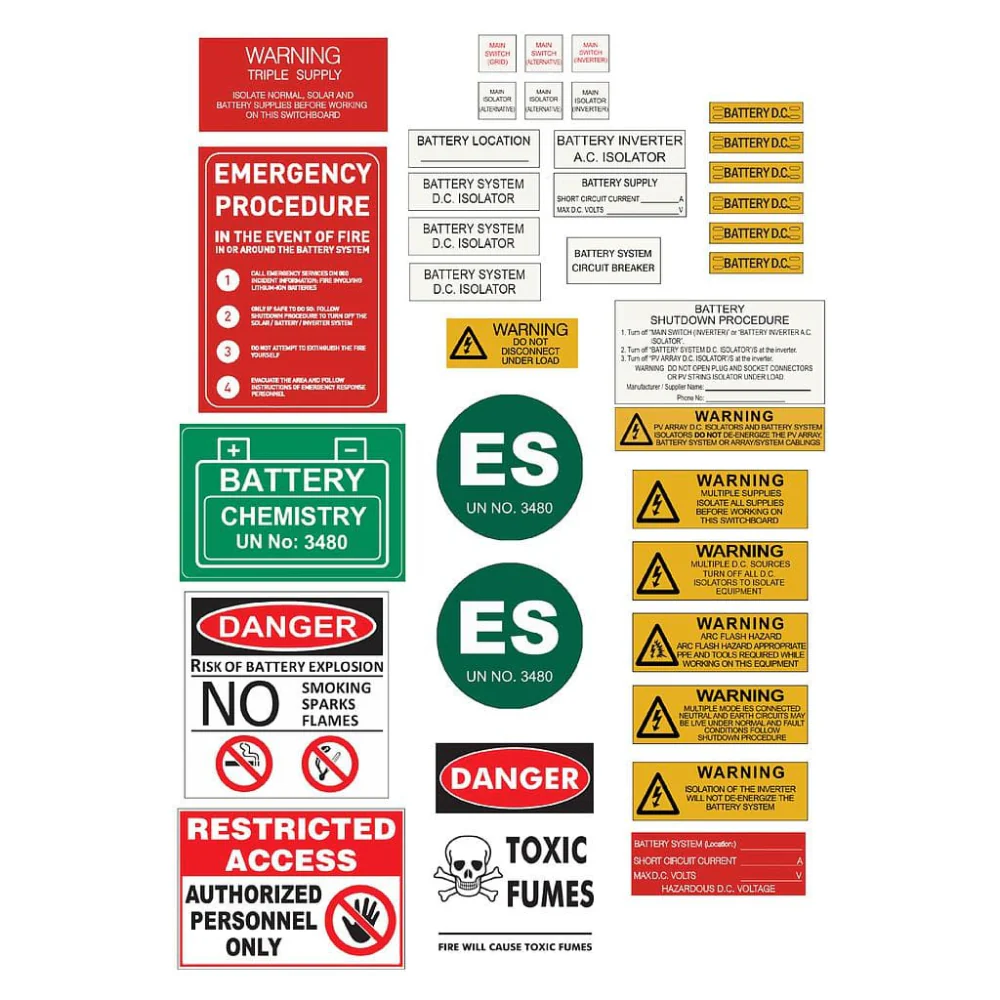 Solar and Battery Warning Label Kits - 4 versions, AS/NZS 4777.1:2024 Compliant