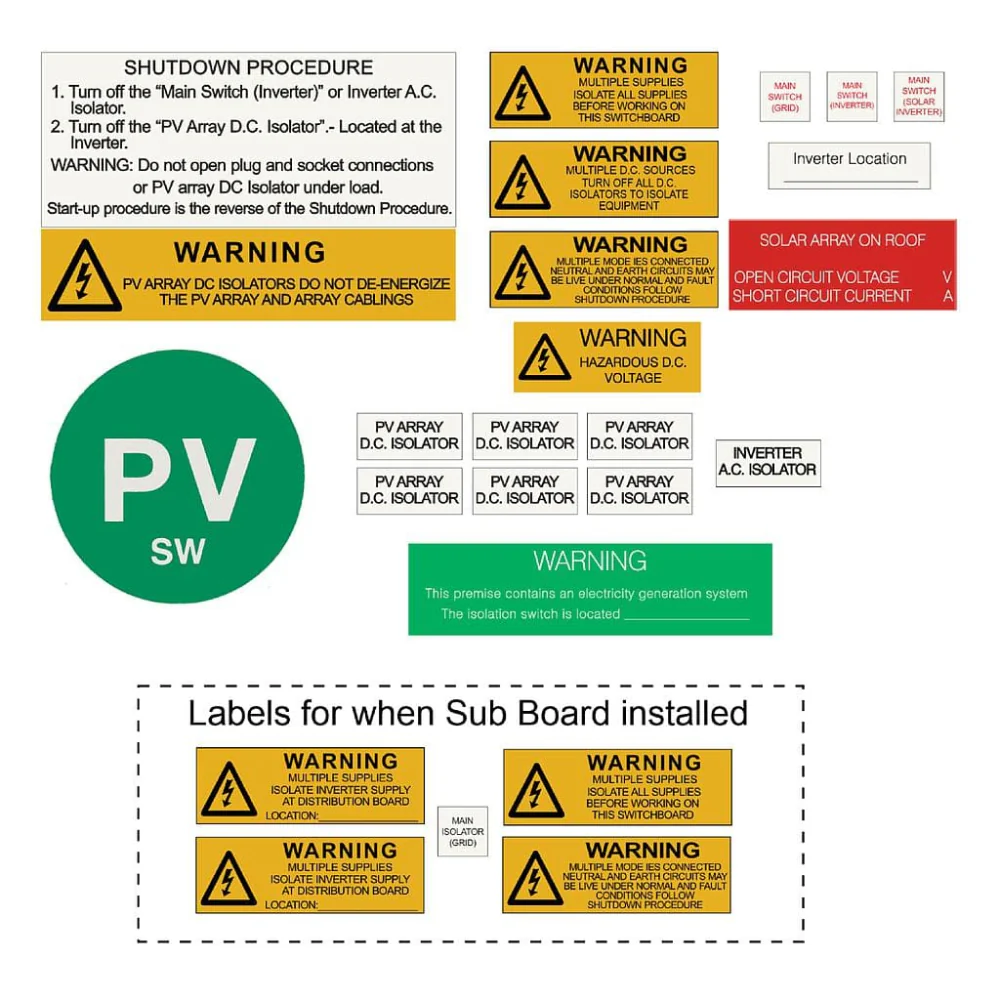 Solar and Battery Warning Label Kits - 4 versions, AS/NZS 4777.1:2024 Compliant - Image 2